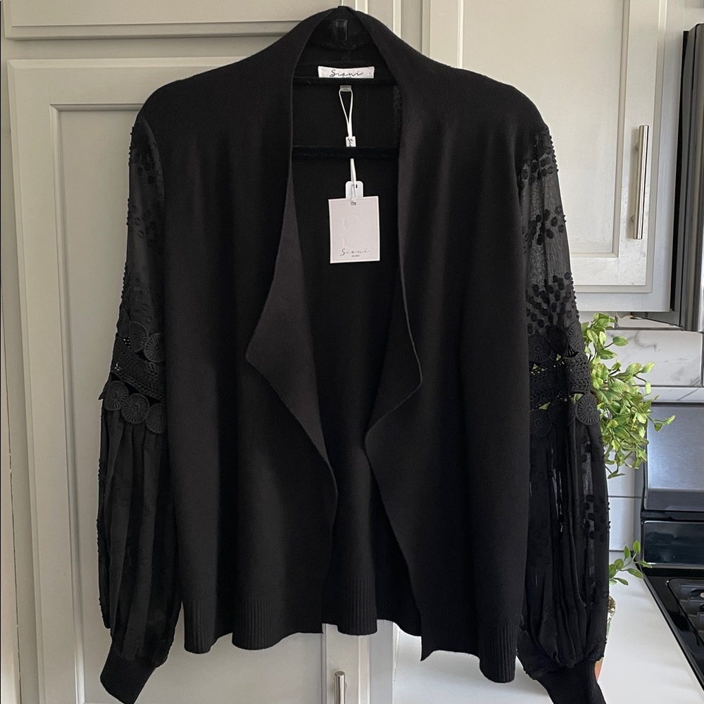 Sioni Women’s Black Open Front Cardigan w Crochet/Sheer Puff Long Sleeves S NWT